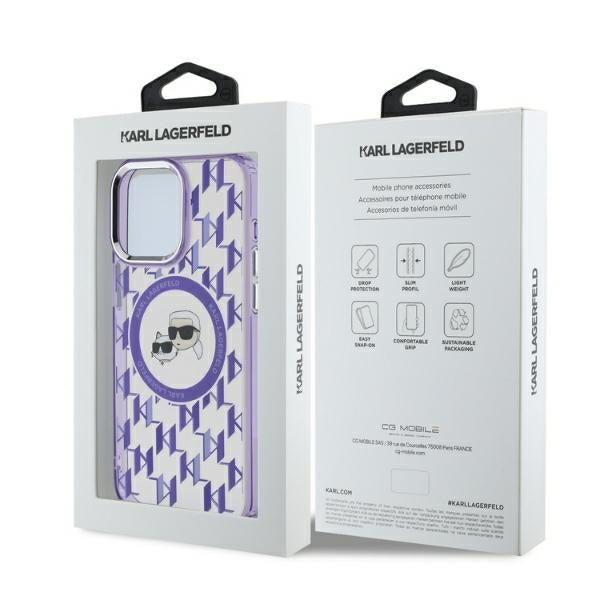 Θήκη MagSafe για Apple iPhone 15 Pro, Karl Lagerfeld, IML Monogram Karl & Choupette's Heads, Μωβ