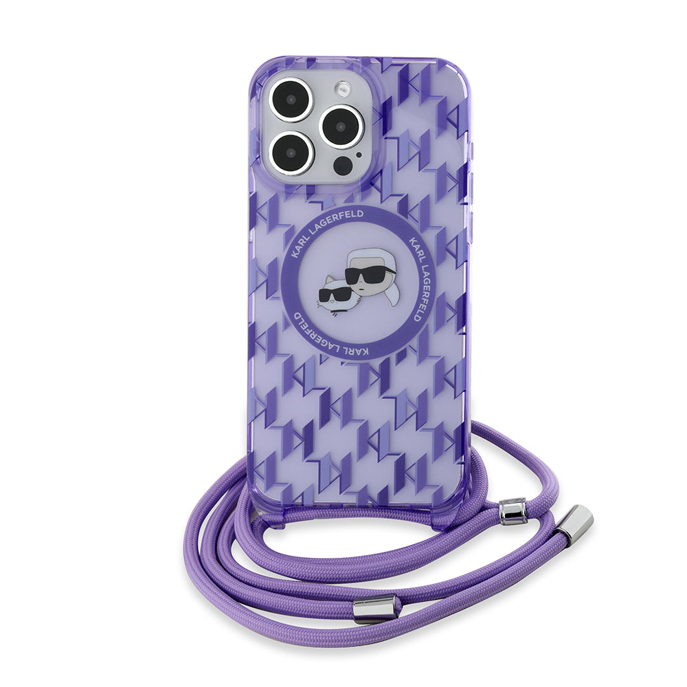 Θήκη MagSafe για Apple iPhone 15 Pro Max, Karl Lagerfeld, IML Crossbody Monogram Karl & Choupette's Heads, Μωβ