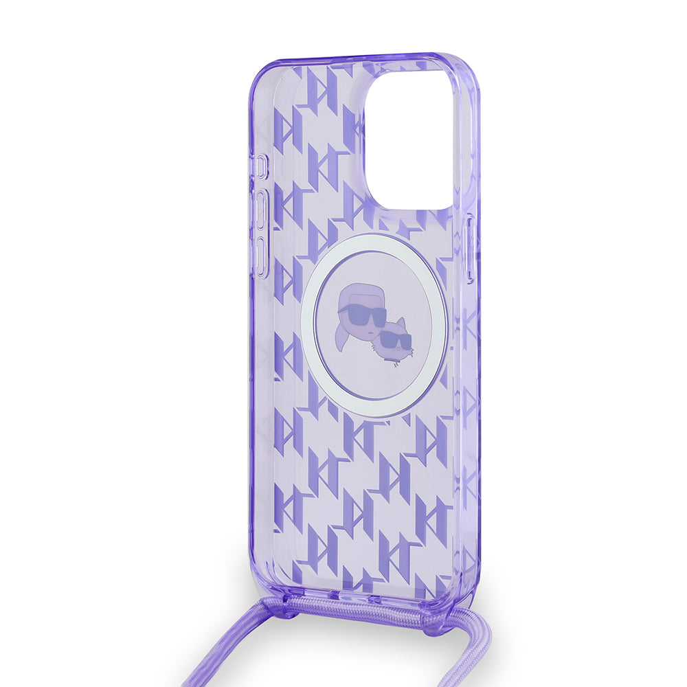 Θήκη MagSafe για Apple iPhone 15 Pro Max, Karl Lagerfeld, IML Crossbody Monogram Karl & Choupette's Heads, Μωβ