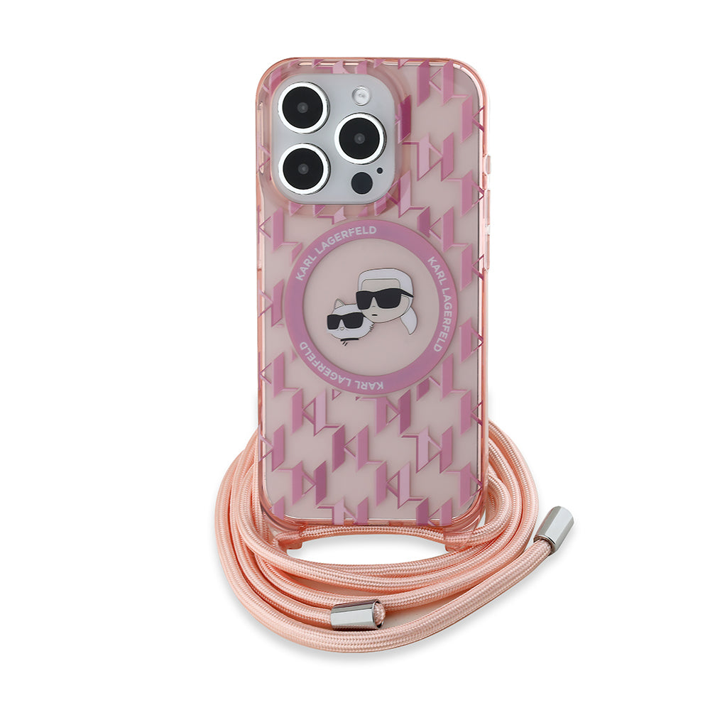Θήκη MagSafe για Apple iPhone 15 Pro Max, Karl Lagerfeld, IML Crossbody Monogram Karl & Choupette's Heads, Ροζ