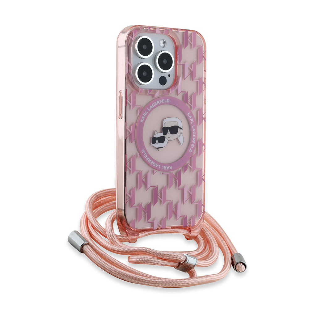 Θήκη MagSafe για Apple iPhone 15 Pro Max, Karl Lagerfeld, IML Crossbody Monogram Karl & Choupette's Heads, Ροζ