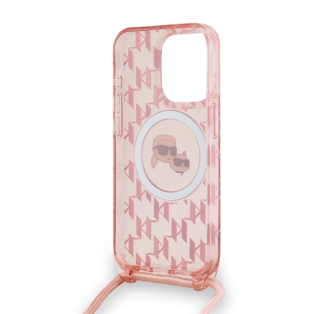 Θήκη MagSafe για Apple iPhone 15 Pro Max, Karl Lagerfeld, IML Crossbody Monogram Karl & Choupette's Heads, Ροζ