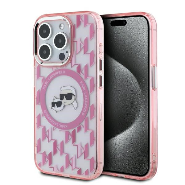 Θήκη MagSafe για Apple iPhone 15 Pro Max, Karl Lagerfeld, IML Monogram Karl & Choupette's Heads, Ροζ