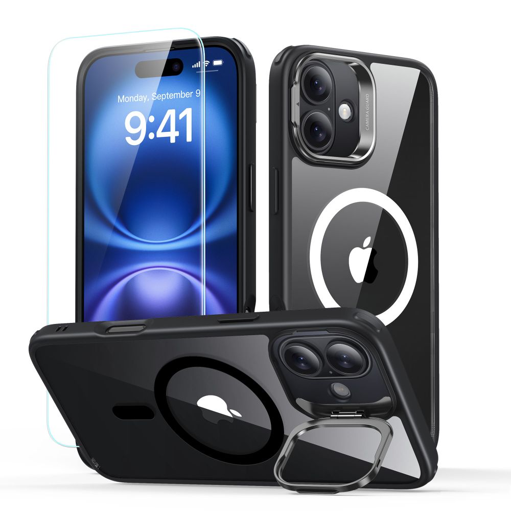 Θήκη MagSafe για Apple iPhone 16, ESR, Classic Hybrid Kickstand με Προστατευτικό Οθόνης, Διάφανη Μαύρη