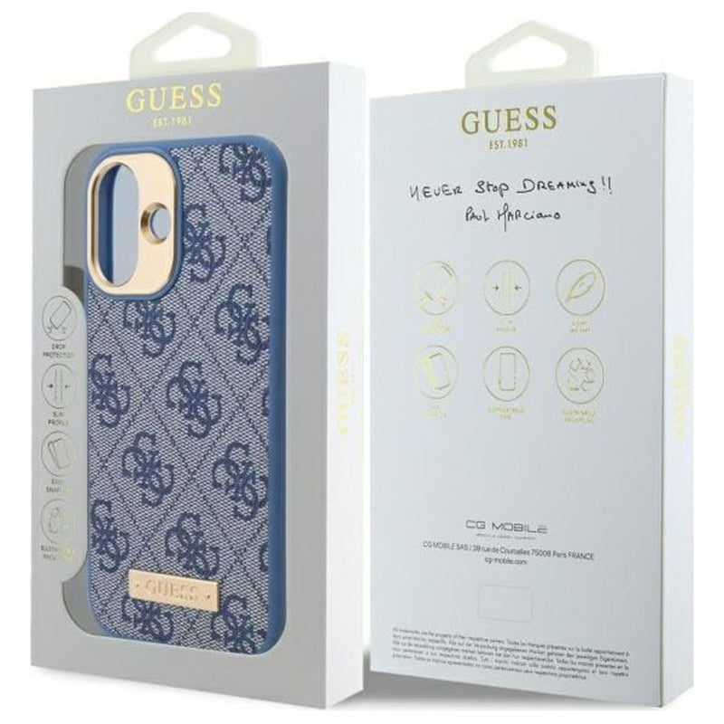 MagSafe Case for Apple iPhone 16, Guess, 4G Logo Plate, Blue