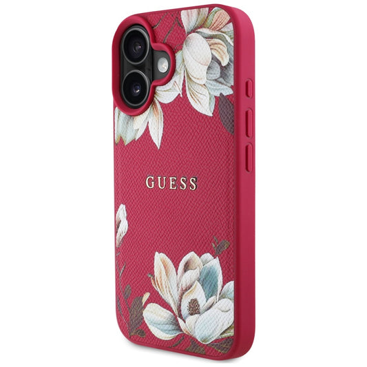 MagSafe Case for Apple iPhone 16, Guess, Grained Flowers, Fuchsia