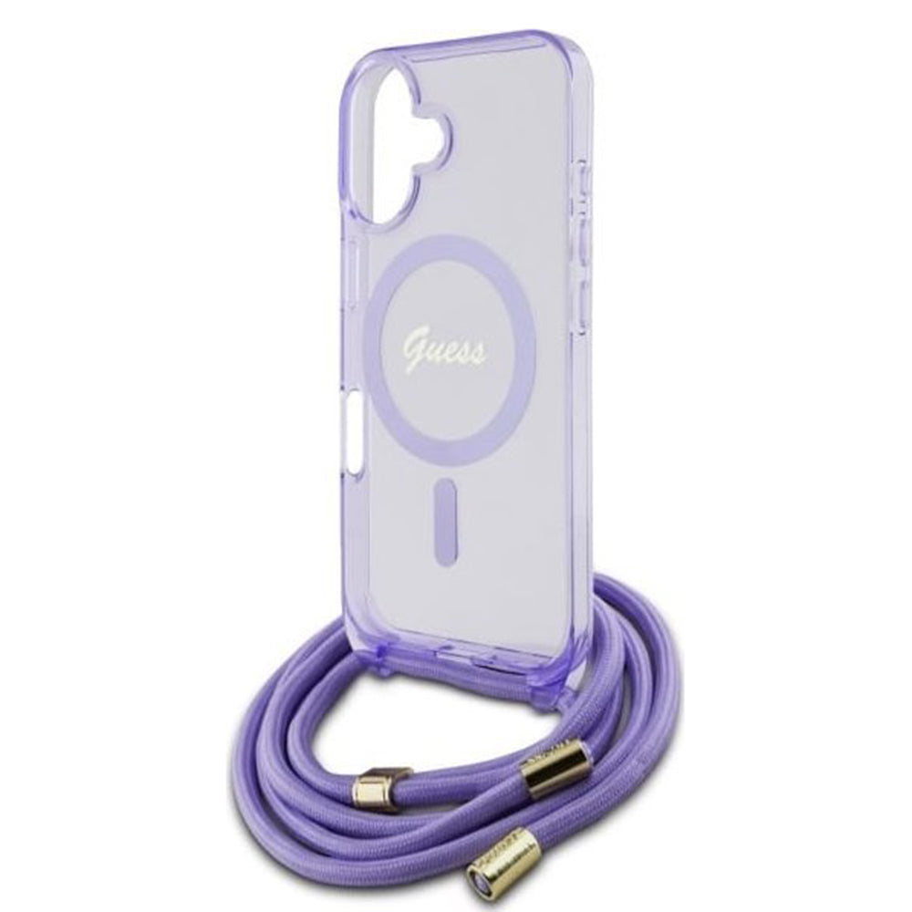 Θήκη MagSafe για Apple iPhone 16, Guess, IML Crossbody Cord Script, Μωβ