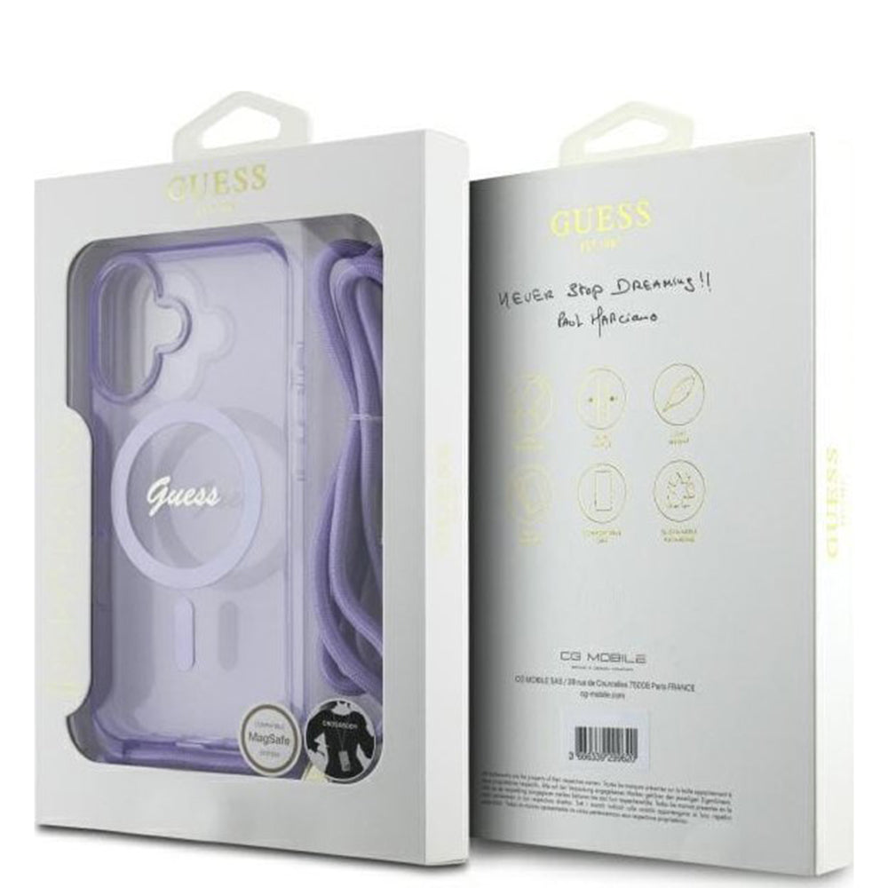 Θήκη MagSafe για Apple iPhone 16, Guess, IML Crossbody Cord Script, Μωβ