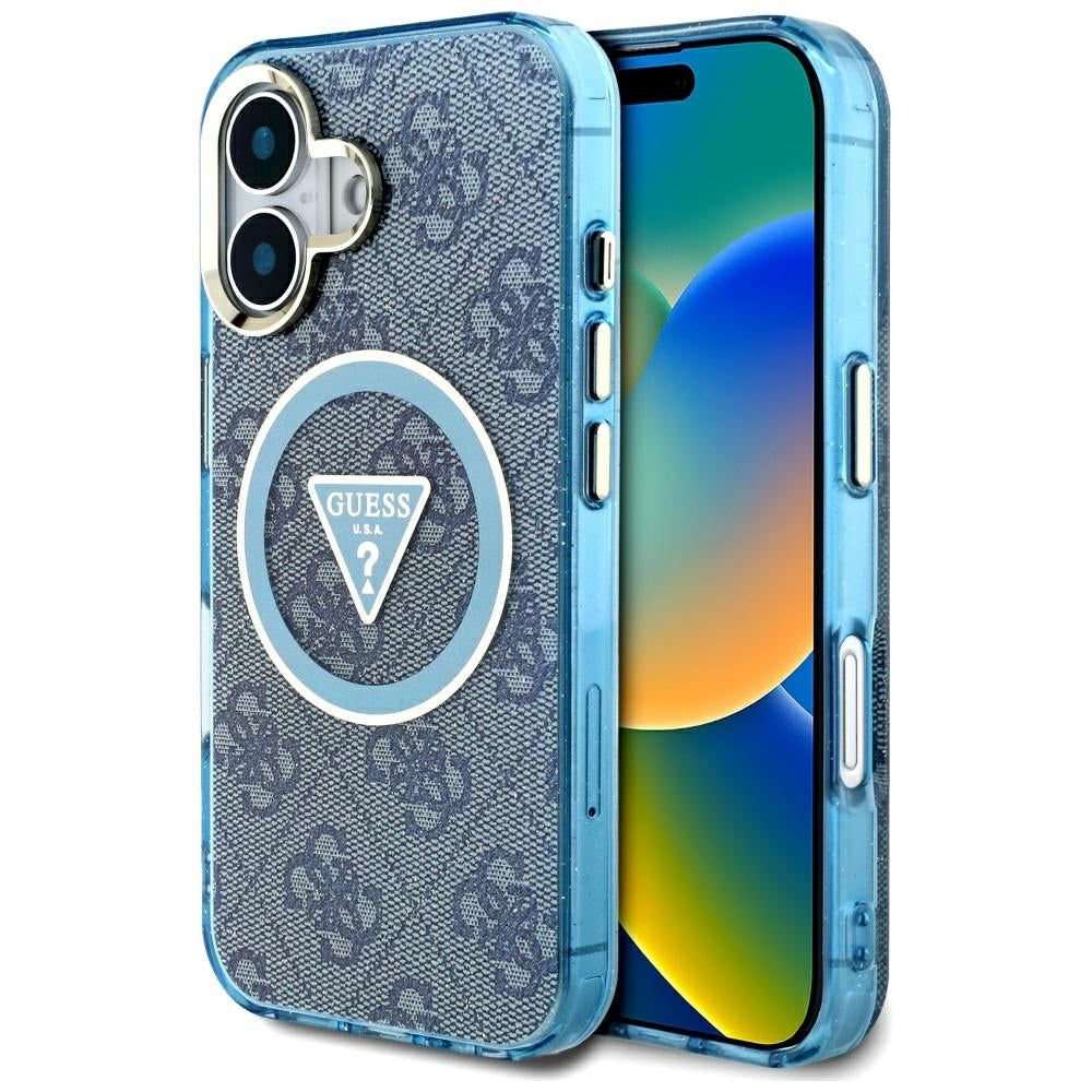 Θήκη MagSafe για Apple iPhone 16, Guess, IML Glitter 4G Circle Triangle, Μπλε