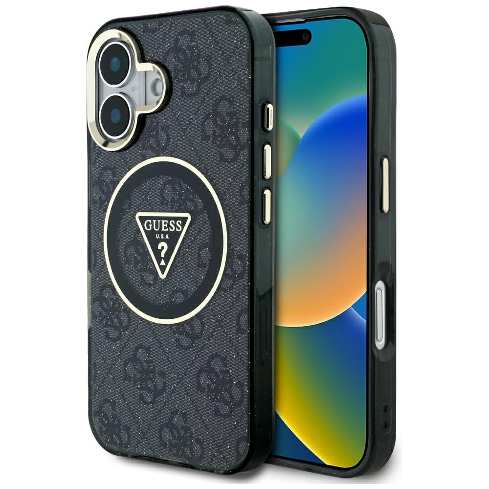Θήκη MagSafe για Apple iPhone 16, Guess, IML Glitter 4G Circle Triangle, Μαύρη