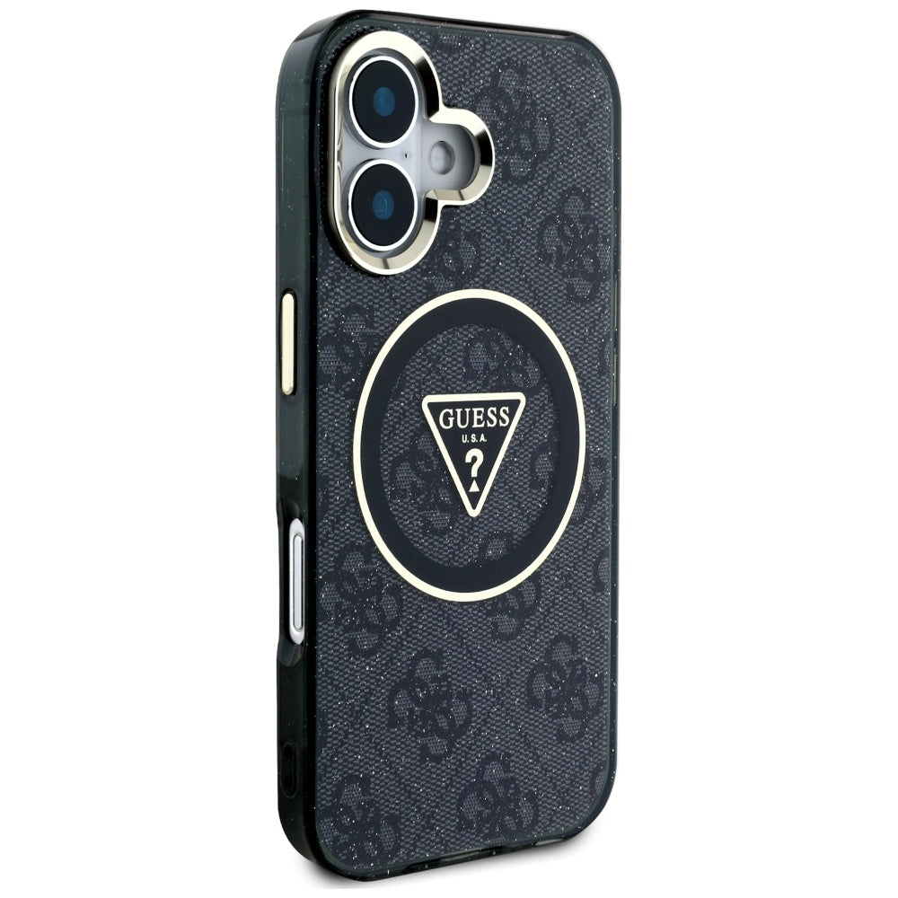 Θήκη MagSafe για Apple iPhone 16, Guess, IML Glitter 4G Circle Triangle, Μαύρη
