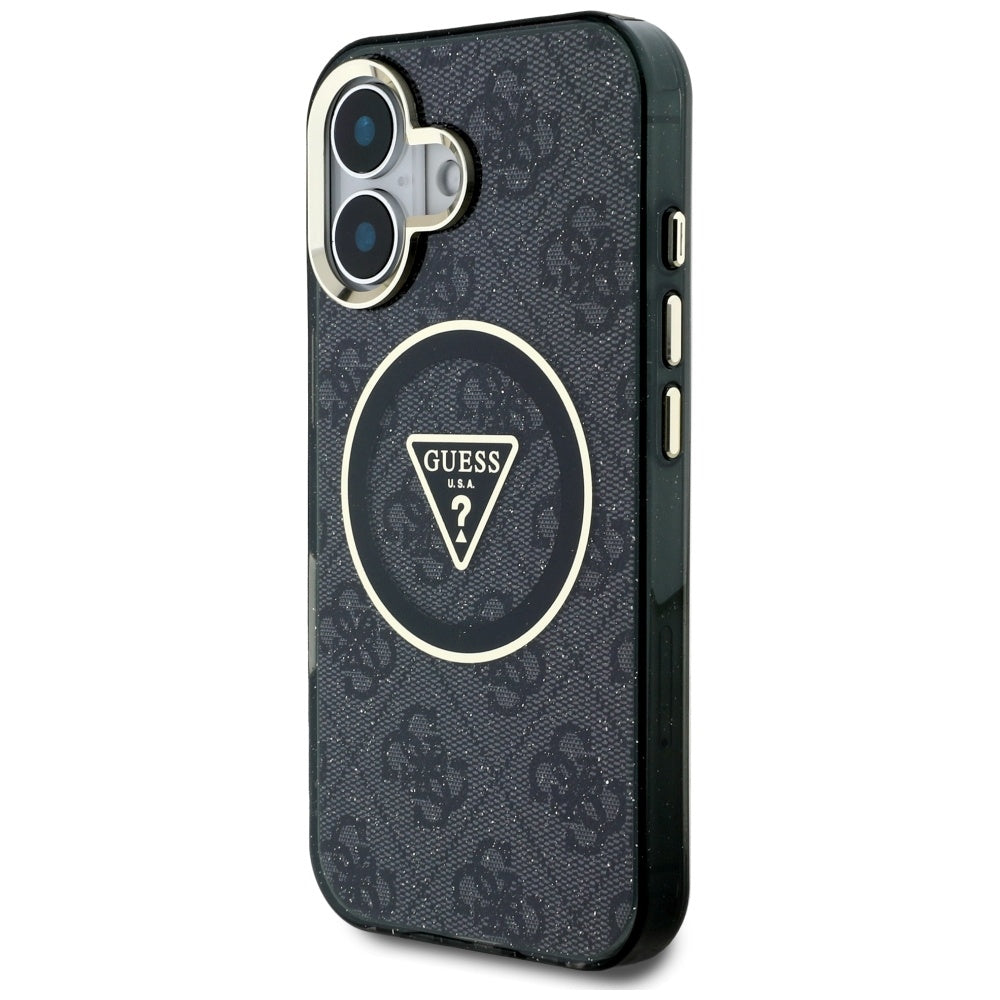 Θήκη MagSafe για Apple iPhone 16, Guess, IML Glitter 4G Circle Triangle, Μαύρη