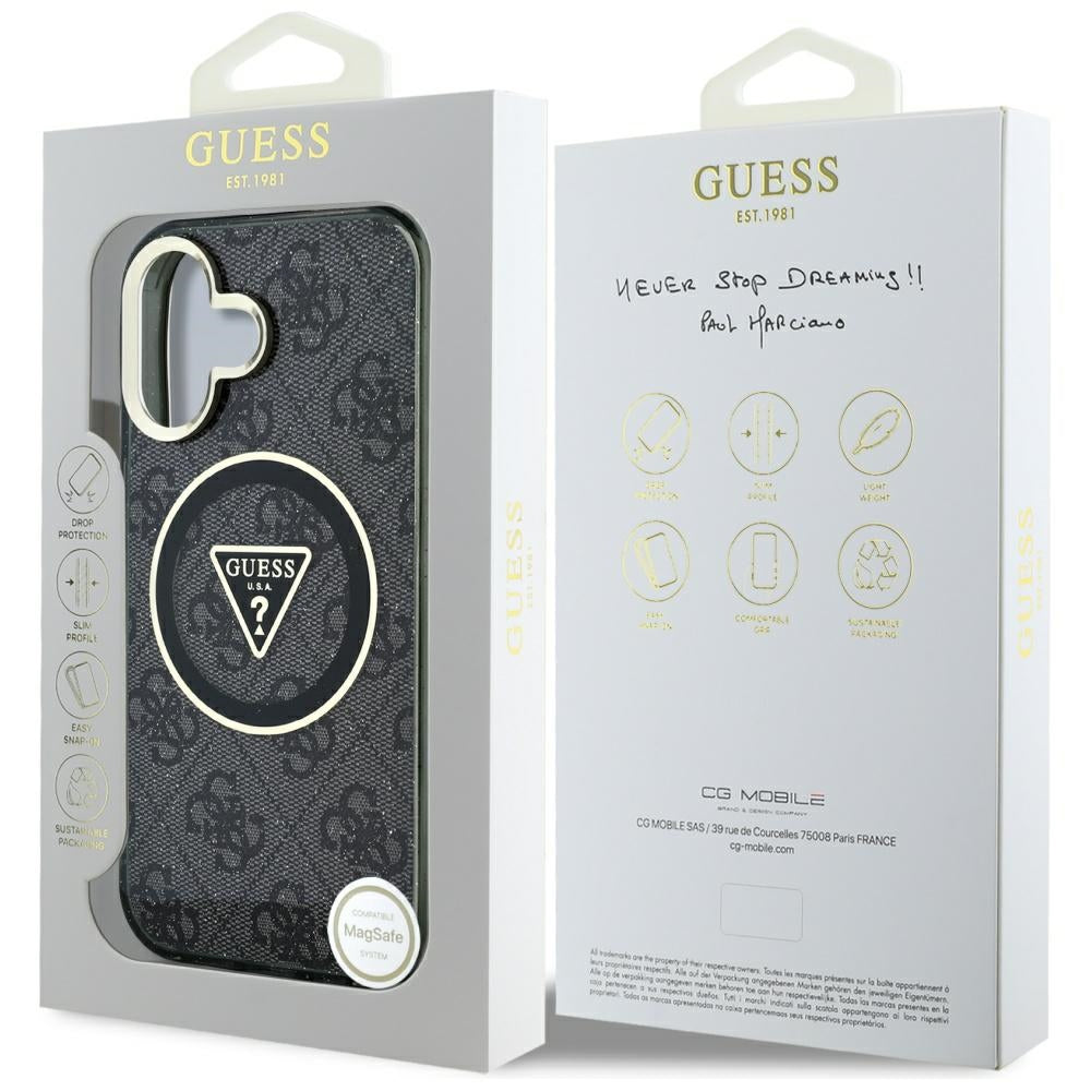 Θήκη MagSafe για Apple iPhone 16, Guess, IML Glitter 4G Circle Triangle, Μαύρη