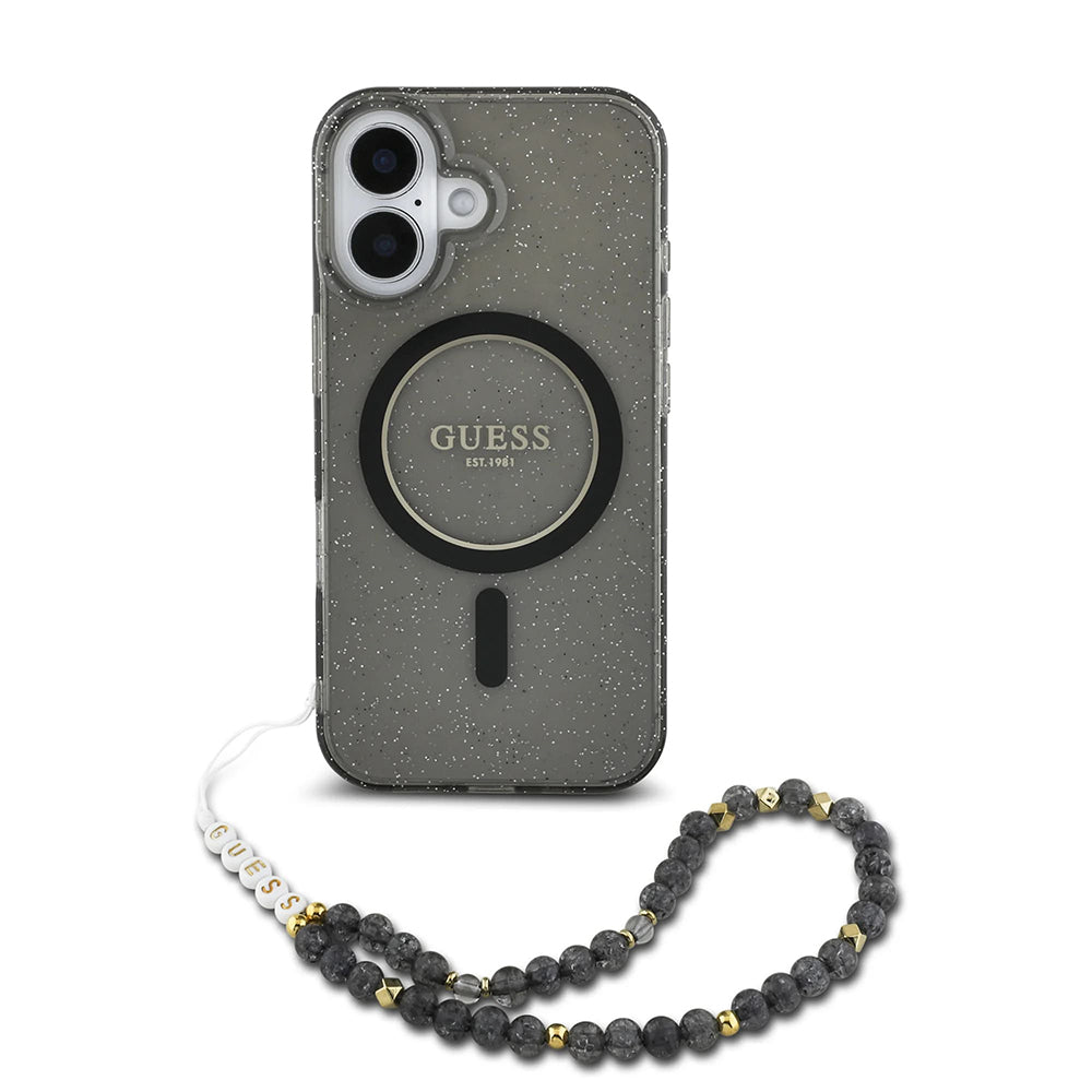 Θήκη MagSafe για Apple iPhone 16, Guess, IML Glitter με Λουράκι Μαργαριταριού, Μαύρη