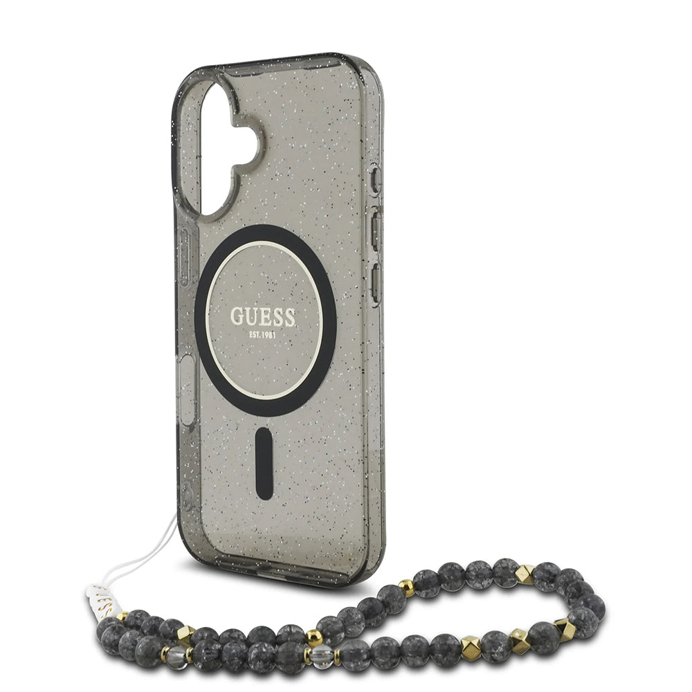 Θήκη MagSafe για Apple iPhone 16, Guess, IML Glitter με Λουράκι Μαργαριταριού, Μαύρη
