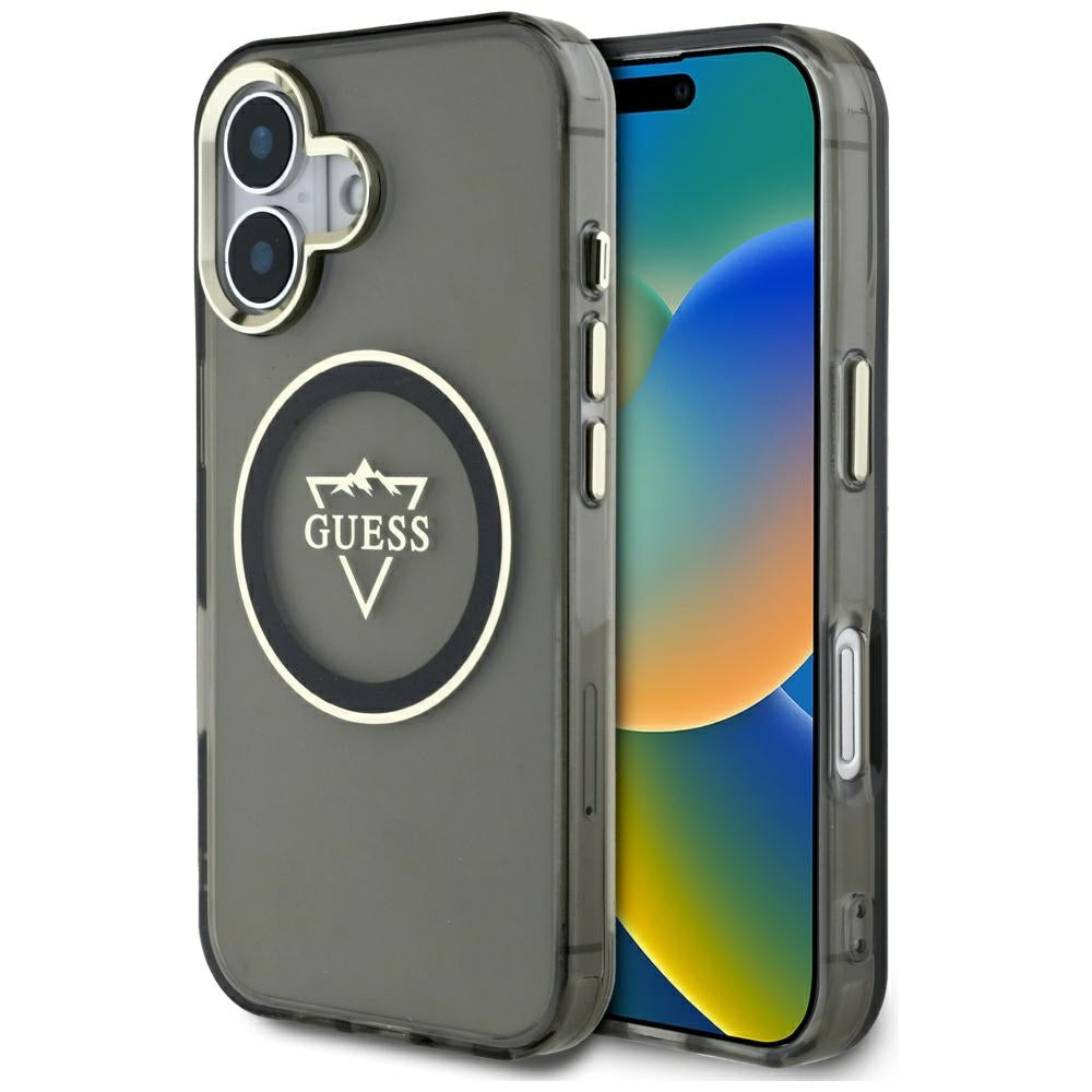 Θήκη MagSafe για Apple iPhone 16, Guess, IML Metal Mountain Logo, Μαύρη