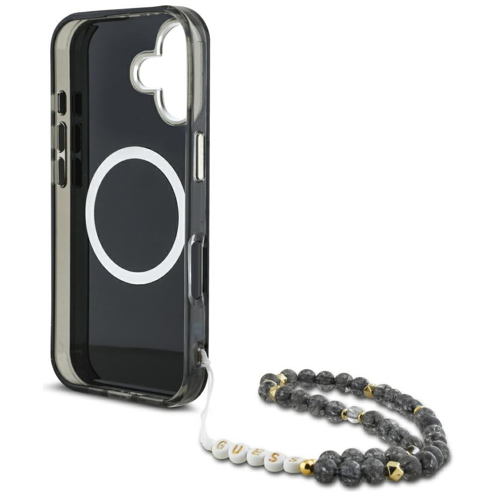 Θήκη MagSafe για Apple iPhone 16, Guess, IML Palm Trees Triangle με Pearl Strap, Μαύρη