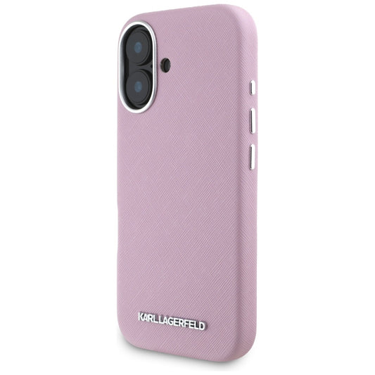 Θήκη MagSafe για Apple iPhone 16, Karl Lagerfeld, Saffiano Full Wrapped Elongated Metal Logo, Ροζ