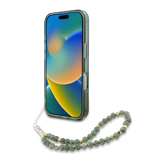 Θήκη MagSafe για Apple iPhone 16 Plus, Guess, IML Flowers Allover Electroplated with Pearl Strap, Πράσινη