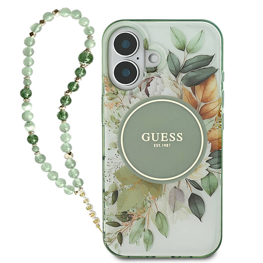 Θήκη MagSafe για Apple iPhone 16 Plus, Guess, IML Flowers with Pearl Strap, Πράσινο