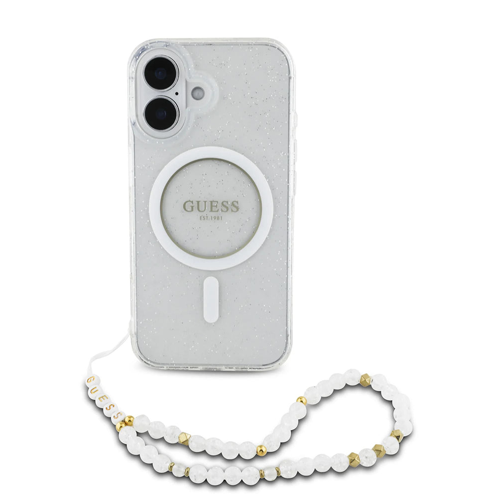 Θήκη MagSafe για Apple iPhone 16 Plus, Guess, IML Glitter με Λουράκι Περλών, Διάφανη