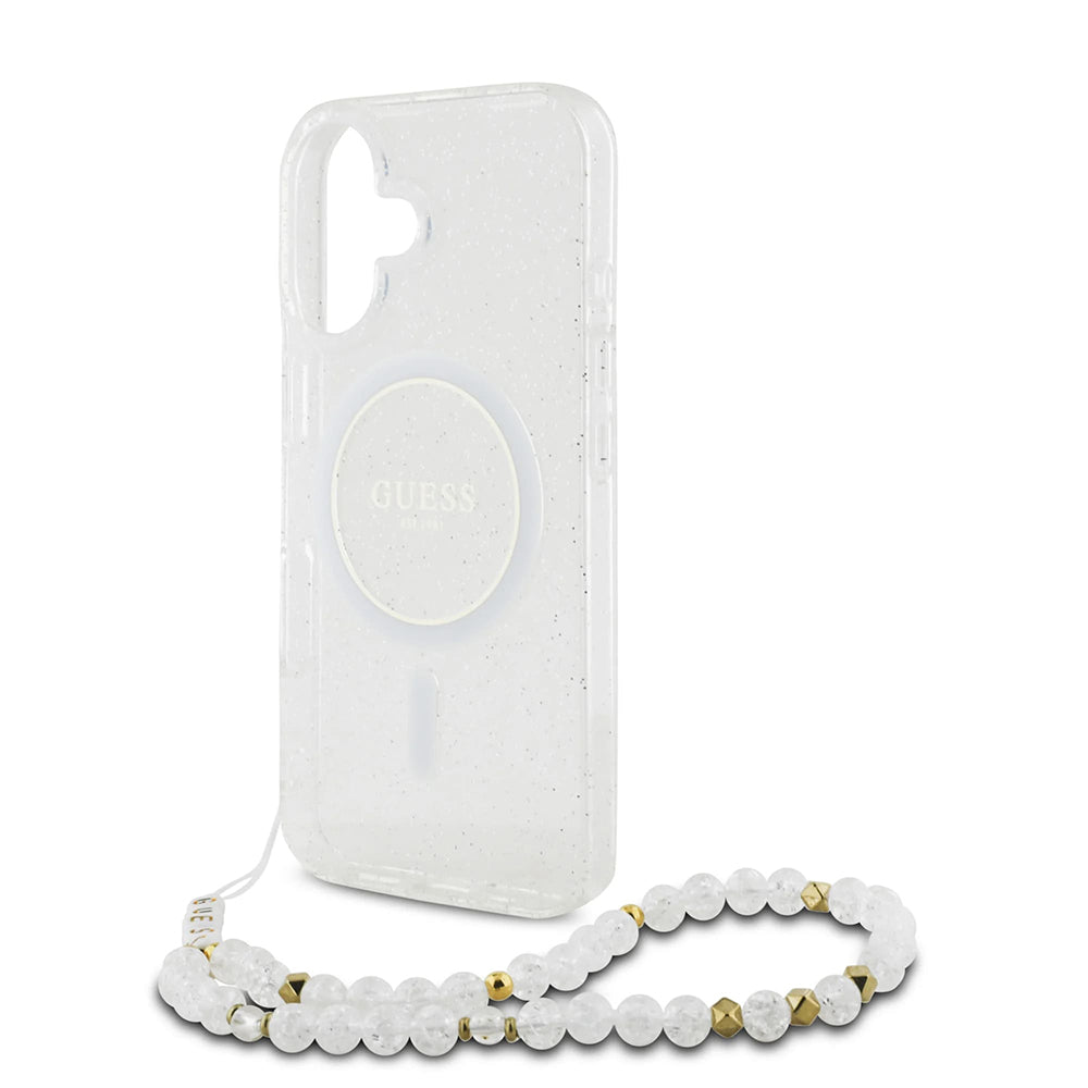 Θήκη MagSafe για Apple iPhone 16 Plus, Guess, IML Glitter με Λουράκι Περλών, Διάφανη