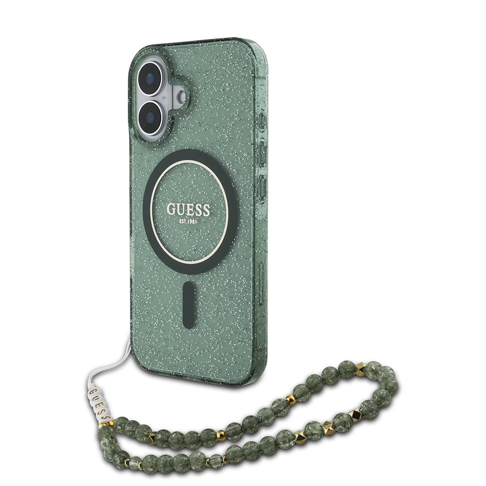 MagSafe Case for Apple iPhone 16 Plus, Guess, IML Glitter with Pearl Strap, Green