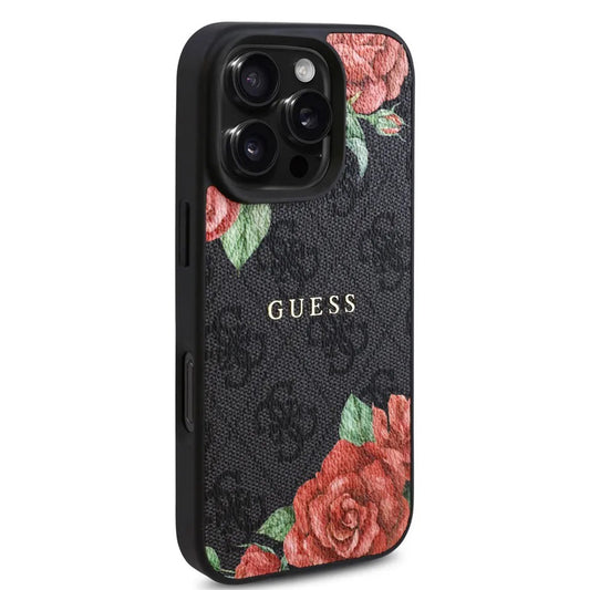 Θήκη MagSafe για Apple iPhone 16 Pro, Guess, 4G Flowers Print, Μαύρη