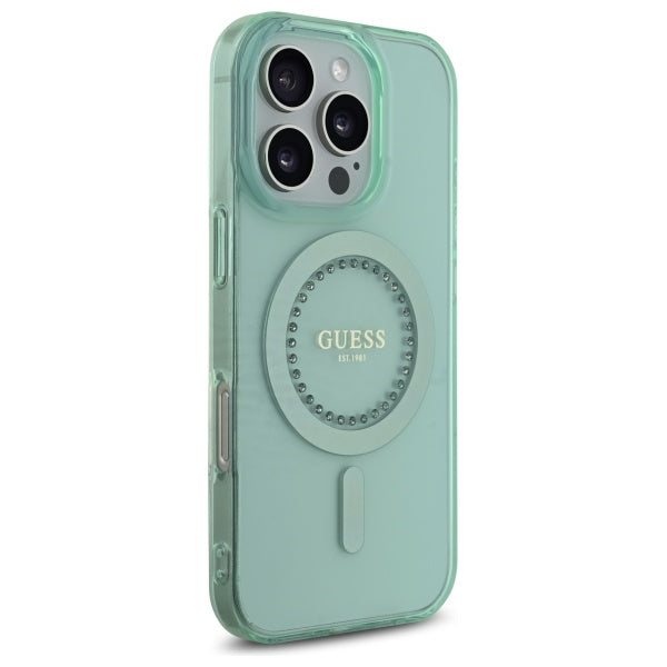 Θήκη MagSafe για Apple iPhone 16 Pro, Guess, IML Rhinestone, Πράσινη