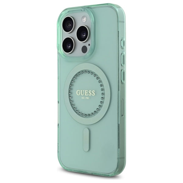 Θήκη MagSafe για Apple iPhone 16 Pro, Guess, IML Rhinestone, Πράσινη