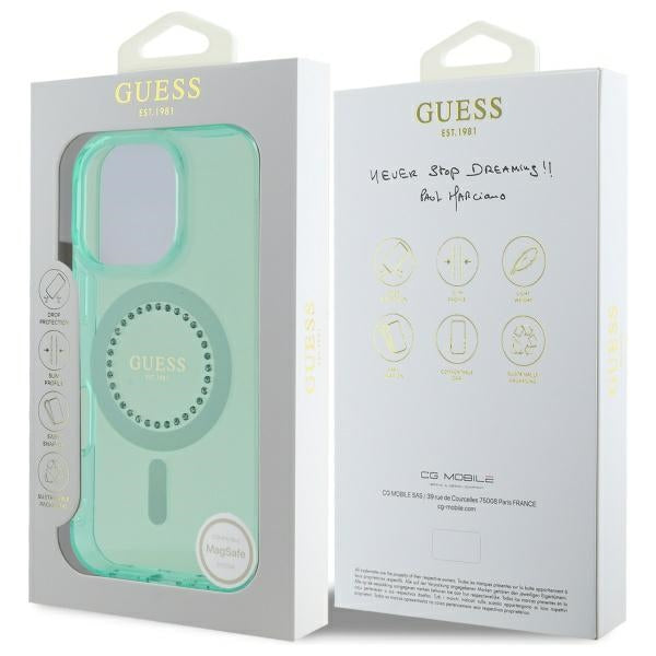 Θήκη MagSafe για Apple iPhone 16 Pro, Guess, IML Rhinestone, Πράσινη