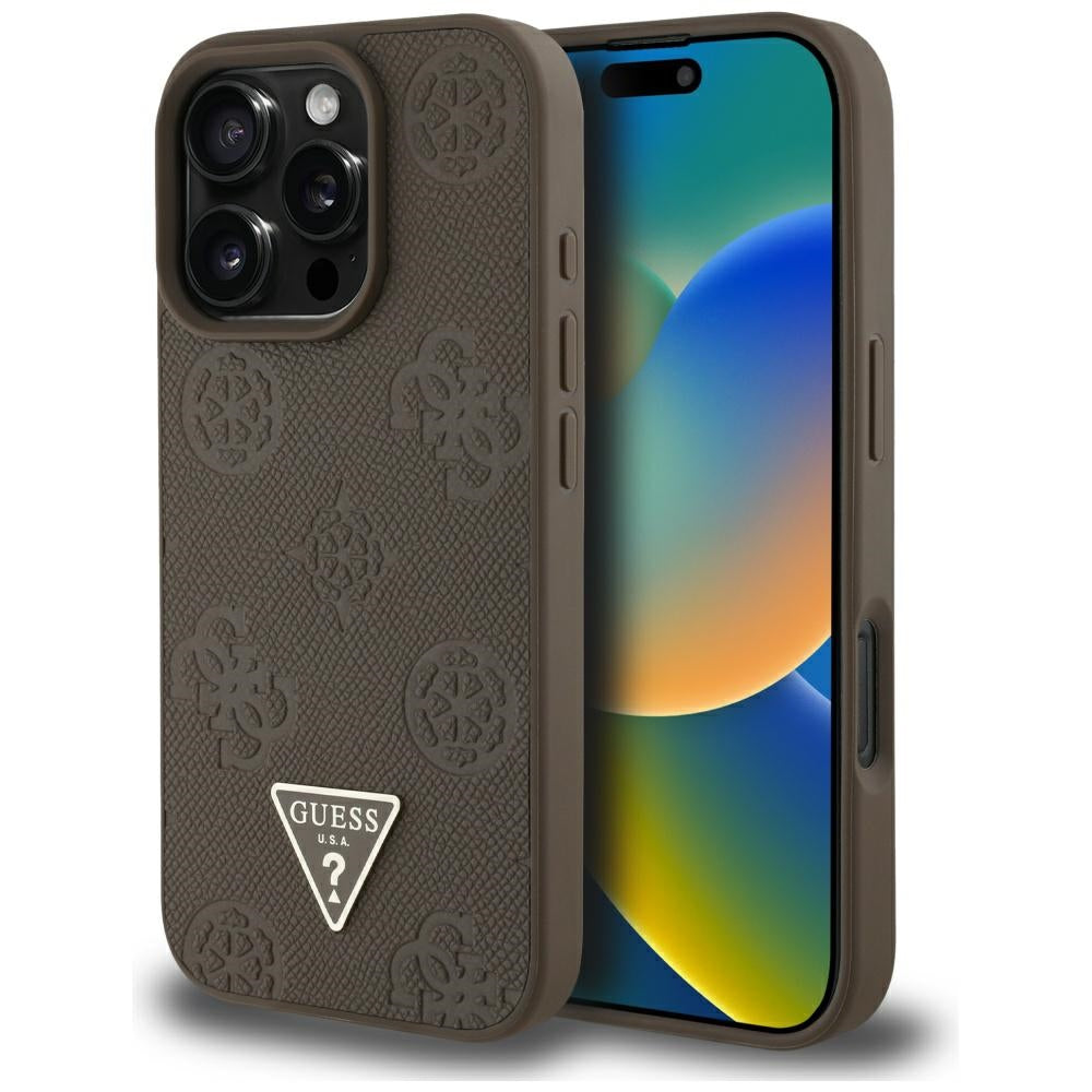 Θήκη MagSafe για Apple iPhone 16 Pro, Guess, Peony Grained Hot Stamp Triangle, Καφέ