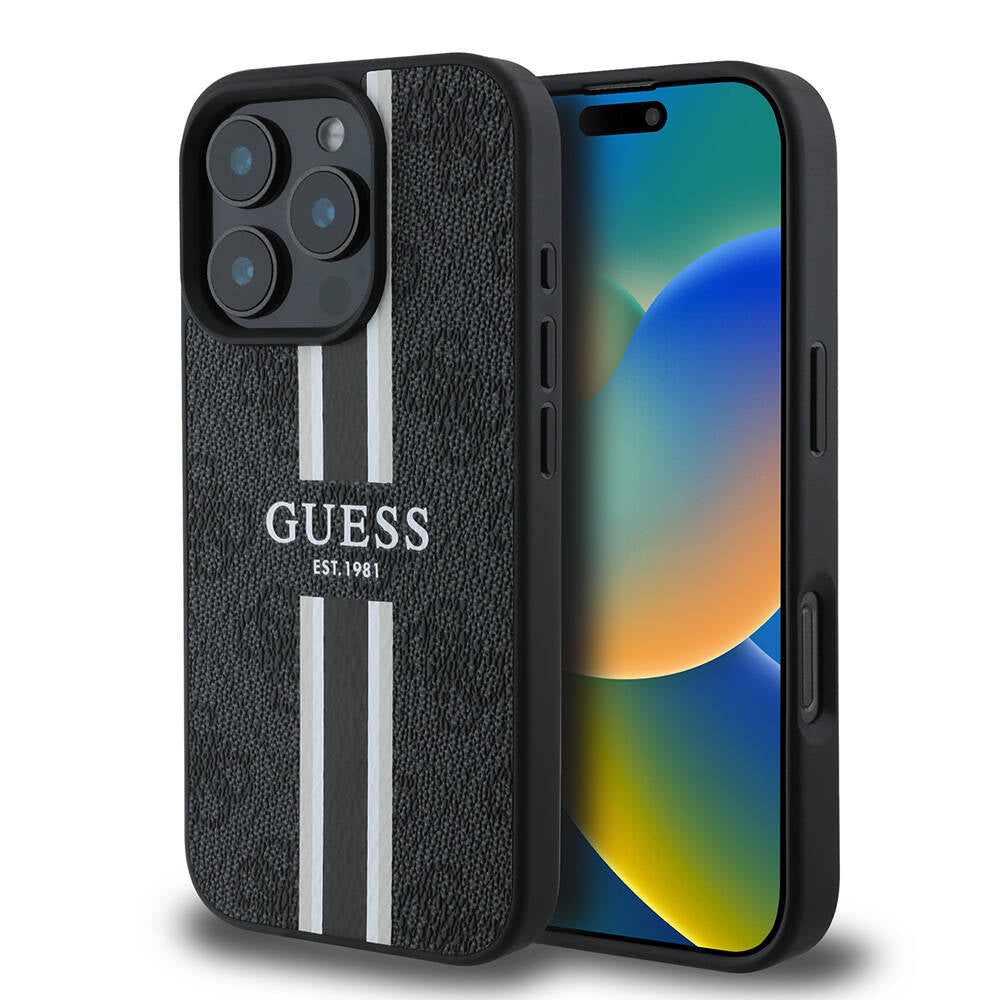 MagSafe Case for Apple iPhone 16 Pro Max, Guess, 4G Printed Stripes, Black