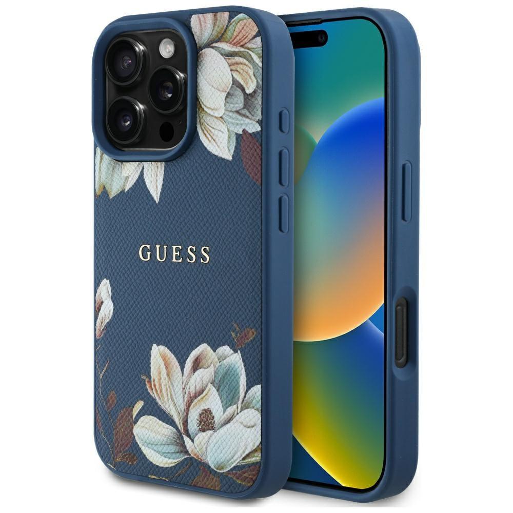 Θήκη MagSafe για Apple iPhone 16 Pro Max, Guess, Grained Flowers, Μπλε