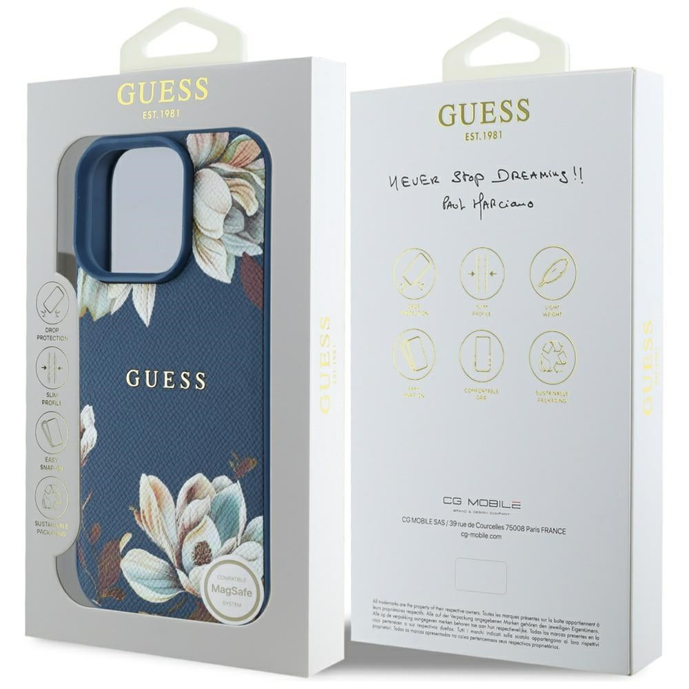 Θήκη MagSafe για Apple iPhone 16 Pro Max, Guess, Grained Flowers, Μπλε