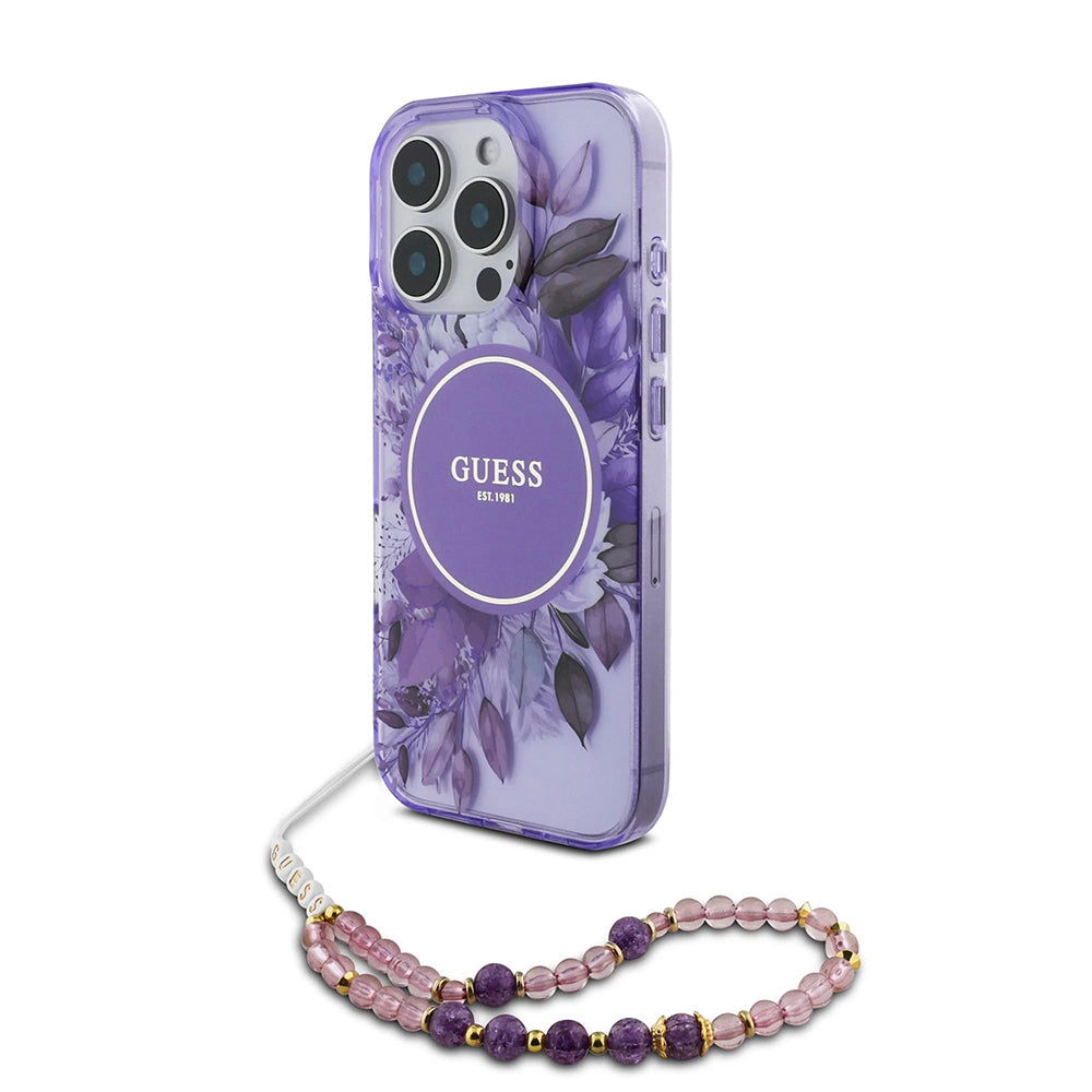 Θήκη MagSafe για Apple iPhone 16 Pro Max, Guess, IML Flowers with Pearl Strap, Μοβ