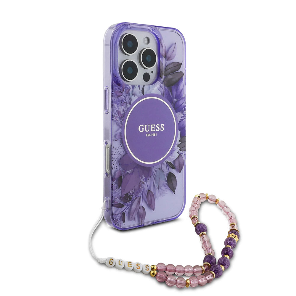 Θήκη MagSafe για Apple iPhone 16 Pro Max, Guess, IML Flowers with Pearl Strap, Μοβ