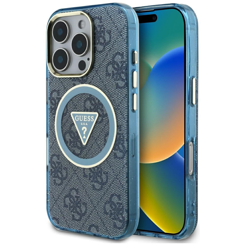 Θήκη MagSafe για Apple iPhone 16 Pro Max, Guess, IML Glitter 4G Circle Triangle, Μπλε