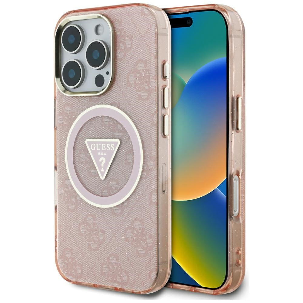 Θήκη MagSafe για Apple iPhone 16 Pro Max, Guess, IML Glitter 4G Circle Triangle, Ροζ