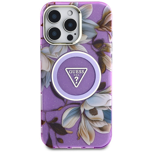 Θήκη MagSafe για Apple iPhone 16 Pro Max, Guess, IML Metal Glitter Flowers Triangle, Μωβ