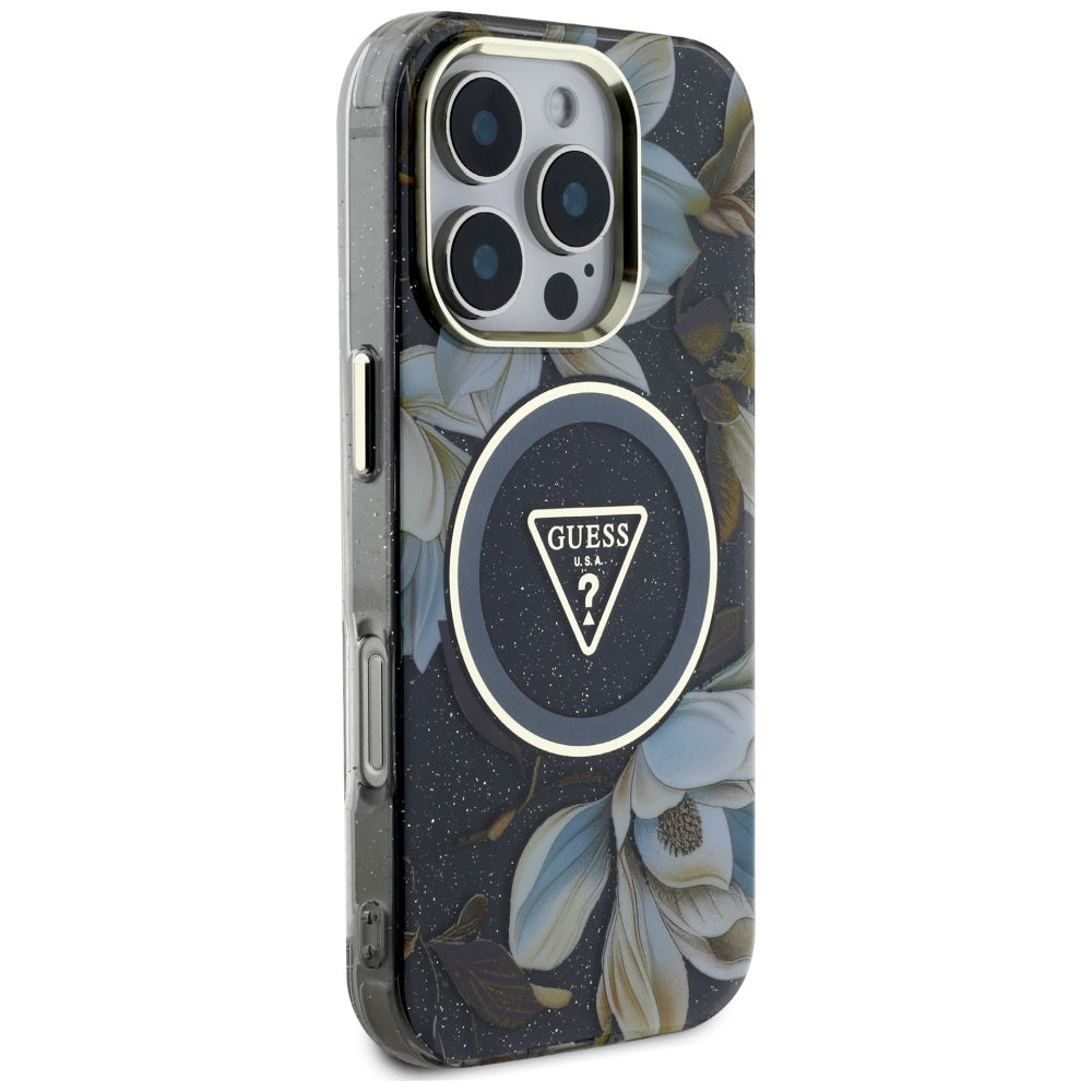 MagSafe Case for Apple iPhone 16 Pro Max, Guess, IML Metal Glitter Flowers Triangle, Black