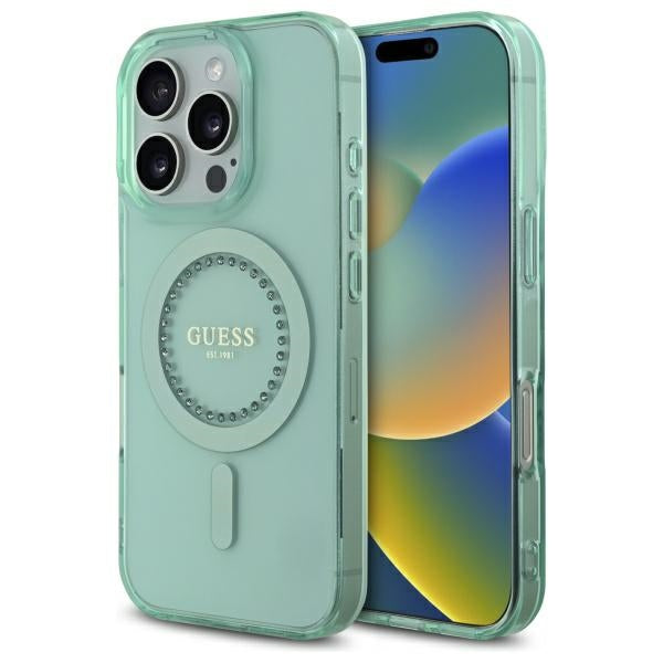 Θήκη MagSafe για Apple iPhone 16 Pro Max, Guess, IML Rhinestone, Πράσινη