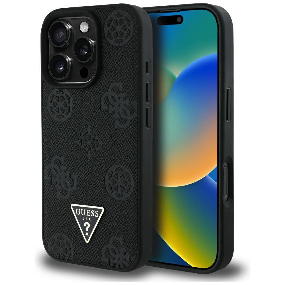 Θήκη MagSafe για Apple iPhone 16 Pro Max, Guess, Peony Grained Hot Stamp Triangle, Μαύρη