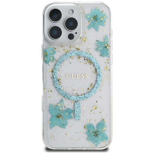 Θήκη MagSafe για Apple iPhone 16 Pro Max, Guess, Resin Flowers and Glitter, Τυρκουάζ
