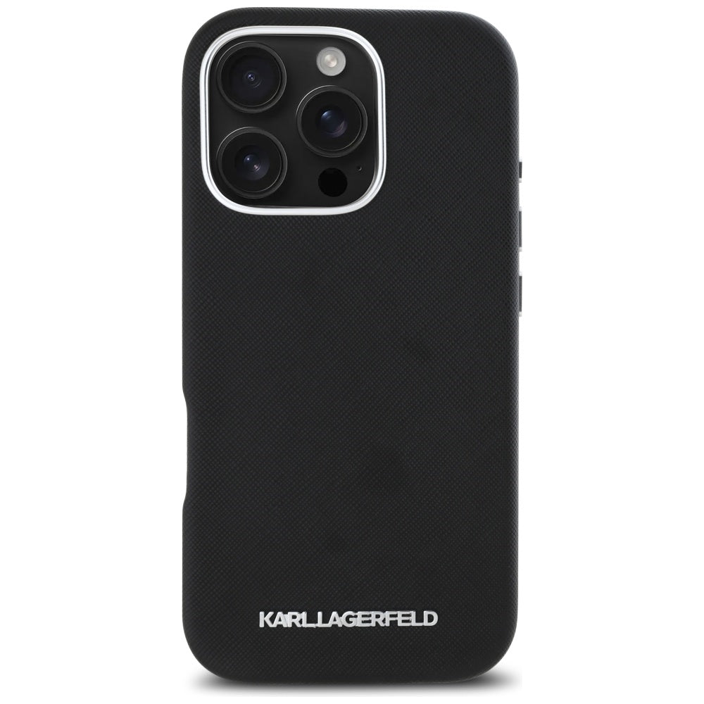 Θήκη MagSafe για Apple iPhone 16 Pro Max, Karl Lagerfeld, Saffiano Full Wrapped Elongated Metal Logo, Μαύρη