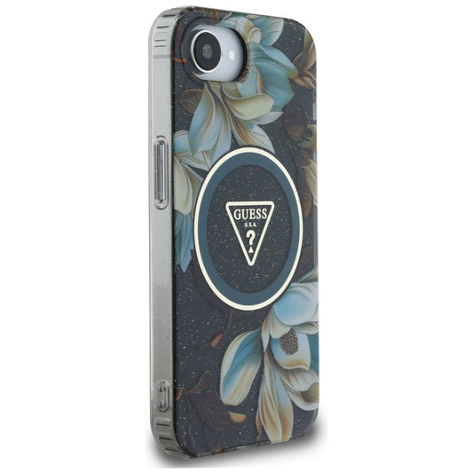 Θήκη MagSafe για Apple iPhone 16e, Guess, IML Metal Glitter Flowers Triangle, Μαύρη