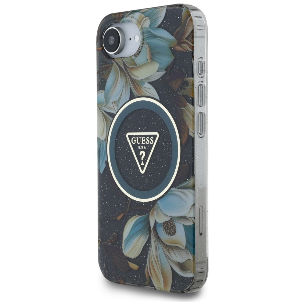 MagSafe Case for Apple iPhone 17e / 16e, Guess, IML Metal Glitter Flowers Triangle, Black