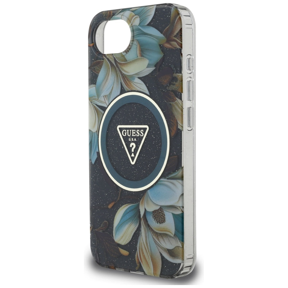 MagSafe Case for Apple iPhone 17e / 16e, Guess, IML Metal Glitter Flowers Triangle, Black