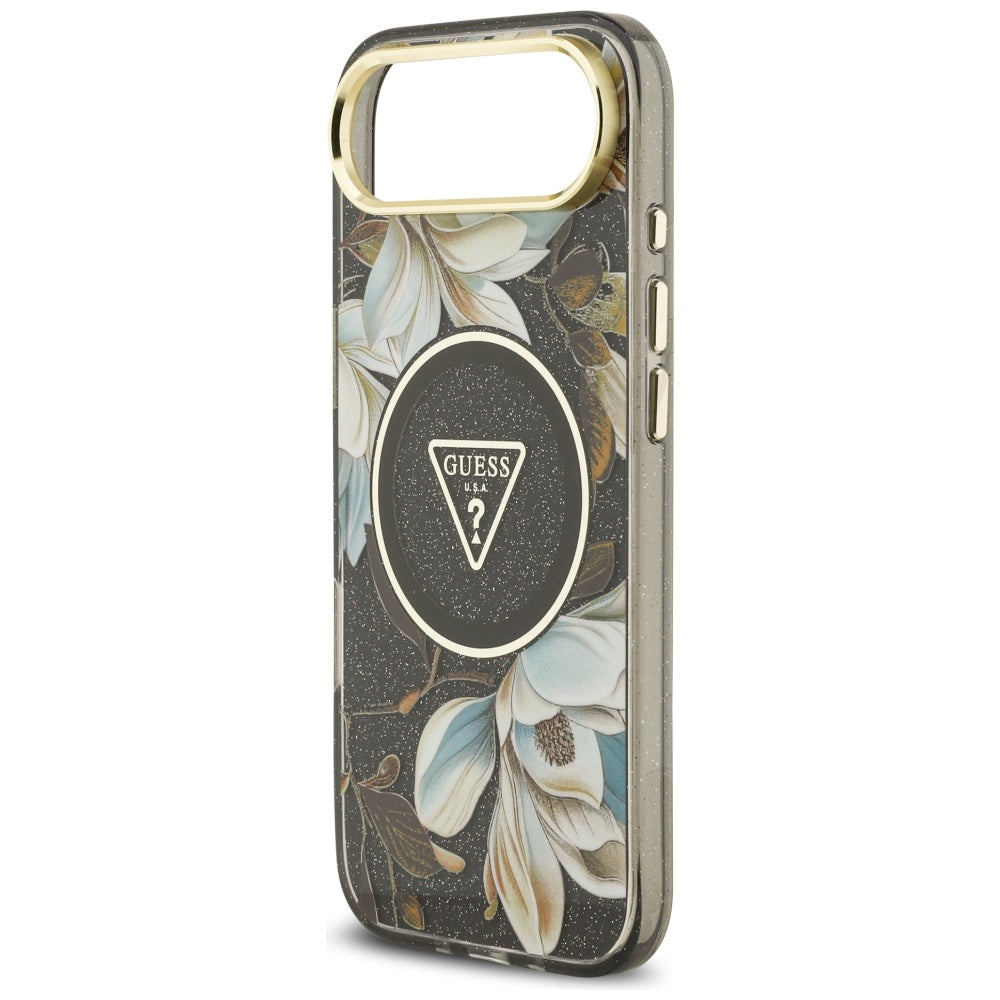Θήκη MagSafe για Apple iPhone 17 Air, Guess, IML Metal Glitter Flowers Triangle, Μαύρη