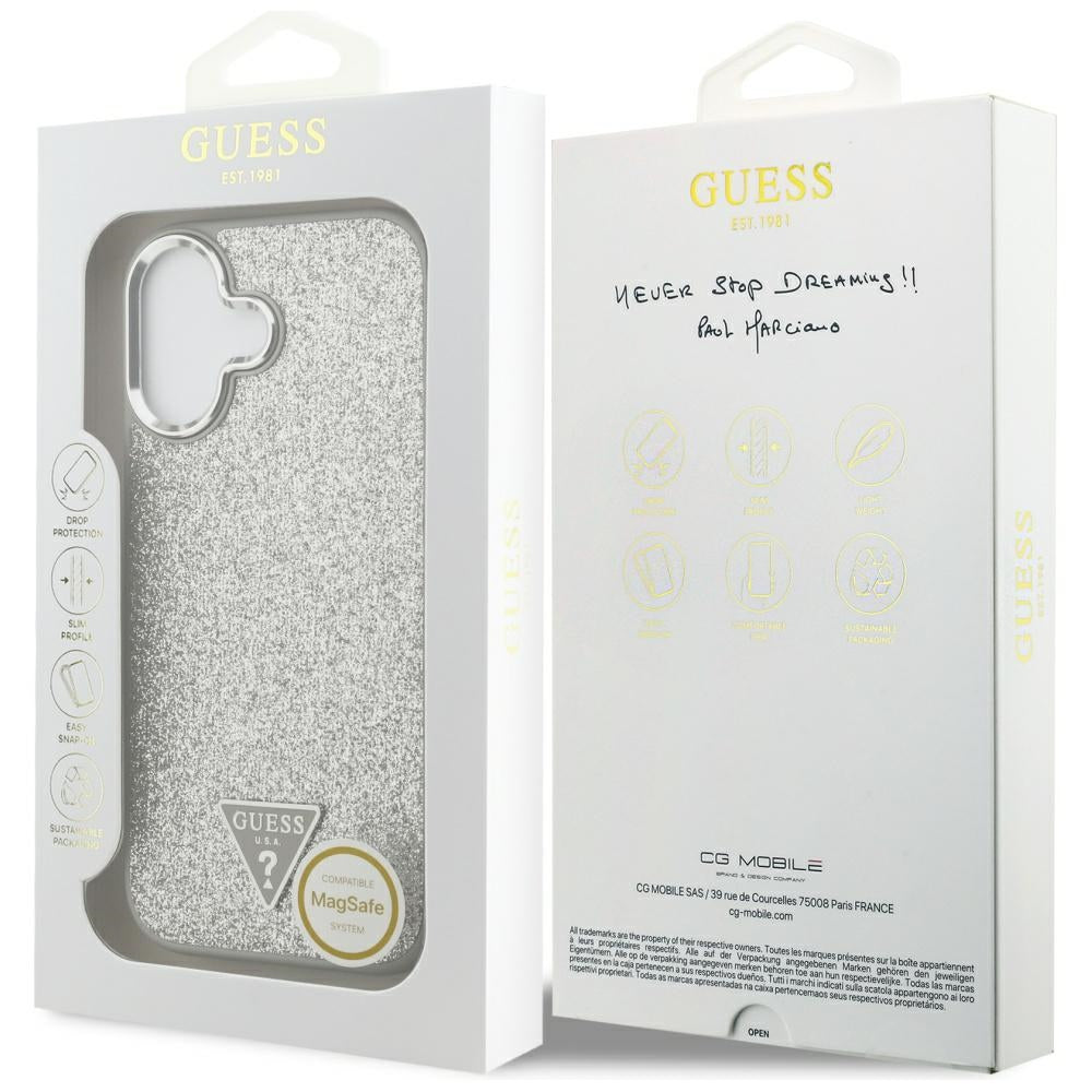 Θήκη MagSafe για Apple iPhone 17, Guess, Glitter Triangle Logo, Ασημί